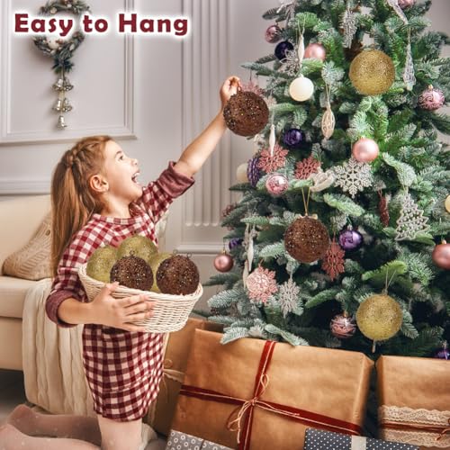 Oairse Bronze 4" Large Christmas Ornaments Set of 6 - Shatterproof Glitter Ball Bulk Xmas Tree Decor