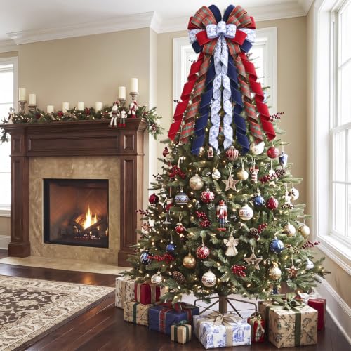 45 Inch Chinoiserie Christmas Tree Topper Tartan Bow Decor