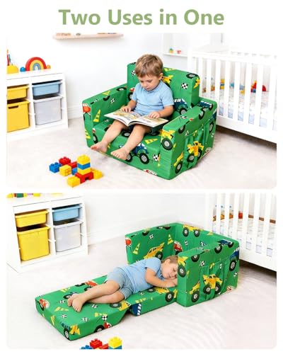 2-in-1 Foldable Toddler Couch and Lounger - Monster Truck Print