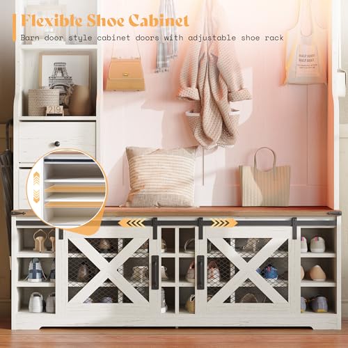 75-Inch Farmhouse Hall Tree with Shoe Bench, LED Lights & Storage Cabinets