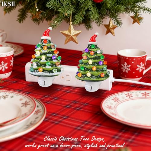 IKSII 2 Pack Ceramic Christmas Tree Night Lights, 6.3" Plug-In, 360° Swivel, Vintage Nostalgic Warm White Light