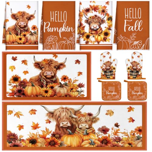 10-Piece Highland Cow Kitchen Decor Set - Farmhouse Towels, Rugs & Oven Mitts