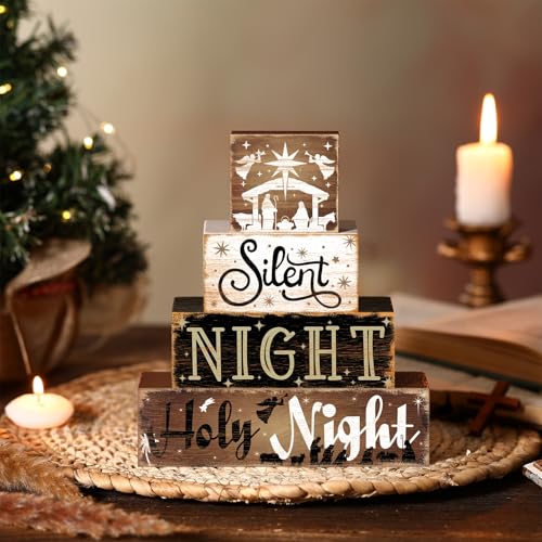 4-Piece Nativity Christmas Wooden Block Signs for Tiered Tray Decor