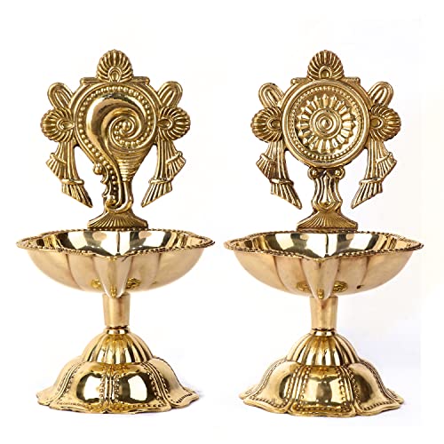 Brass Shankh Chakra Diya Oil Lamp Set of 2 - Mandir Pooja Decor
