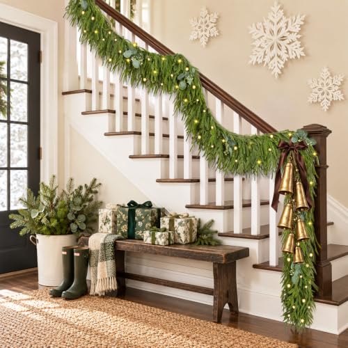 Waipfaru 9ft 2pcs Christmas Norfolk Pine Garland with Lights - Realistic Artificial Faux Cedar