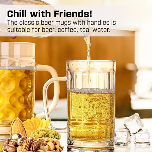 20 oz Heavy Glass Beer Mugs with Handles - Set of 2 Freezer Safe Steins