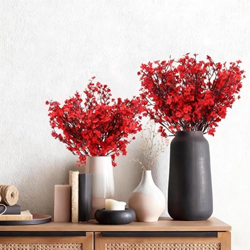 NAHUAA 6Pcs Red Artificial Baby Breath Flowers Bouquet for Home Decor