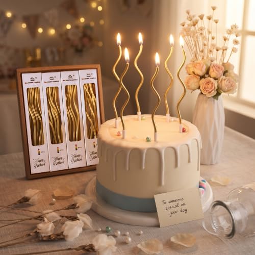 Gold Metallic Spiral Birthday Cake Candles with Holders - 24 Pack