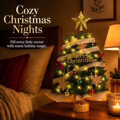 HOMDAILY 2ft Mini Christmas Tree with Lights - Green Tabletop Holiday Decor