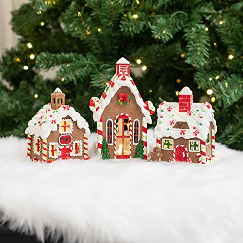 Red Gingerbread Village Porcelain Tea Light Set - Church & Houses, 6 Inches