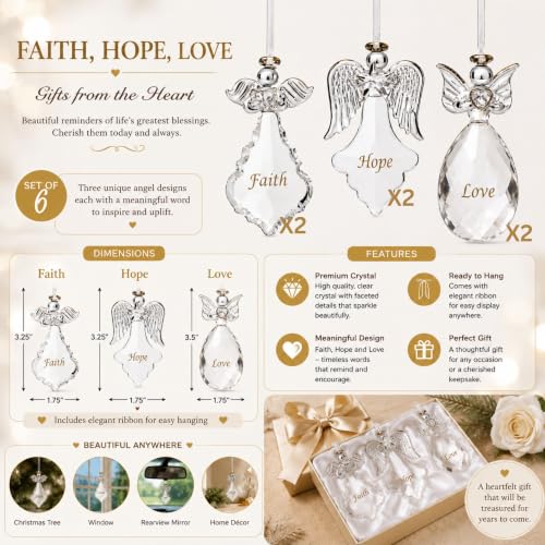 BANBERRY DESIGNS Set of 6 Crystal Angel Christmas Ornaments with Gold Faith Hope Love - Religious Holiday Decor