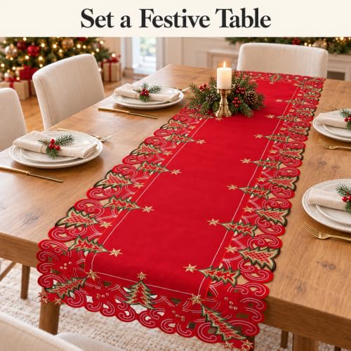 SHANGRLA Embroidered Red Christmas Tree Table Runner 54 in