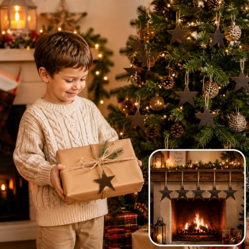 Wenqik 24 Rustic Christmas Wooden Star Ornaments – Vintage Primitive with Hemp Rope (Star/Vintage/24)