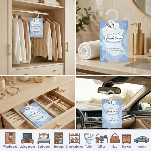 Fresh Linen Closet Air Freshener Sachets with Hanging Hook, 12-Pack