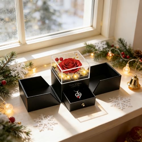 Red Preserved Real Rose with Heart Necklace - Mother's Day Gift Set