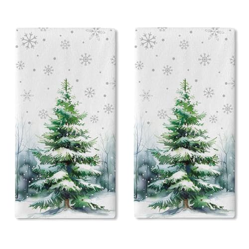Croar Winter Pine Tree Kitchen Dish Towel Snowy Snowflake Farmhouse Decor - Set of 2