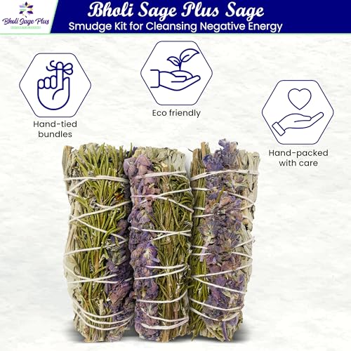 Sage Smudge Sticks Set - White Sage, Rosemary & Lavender, 3 Pack