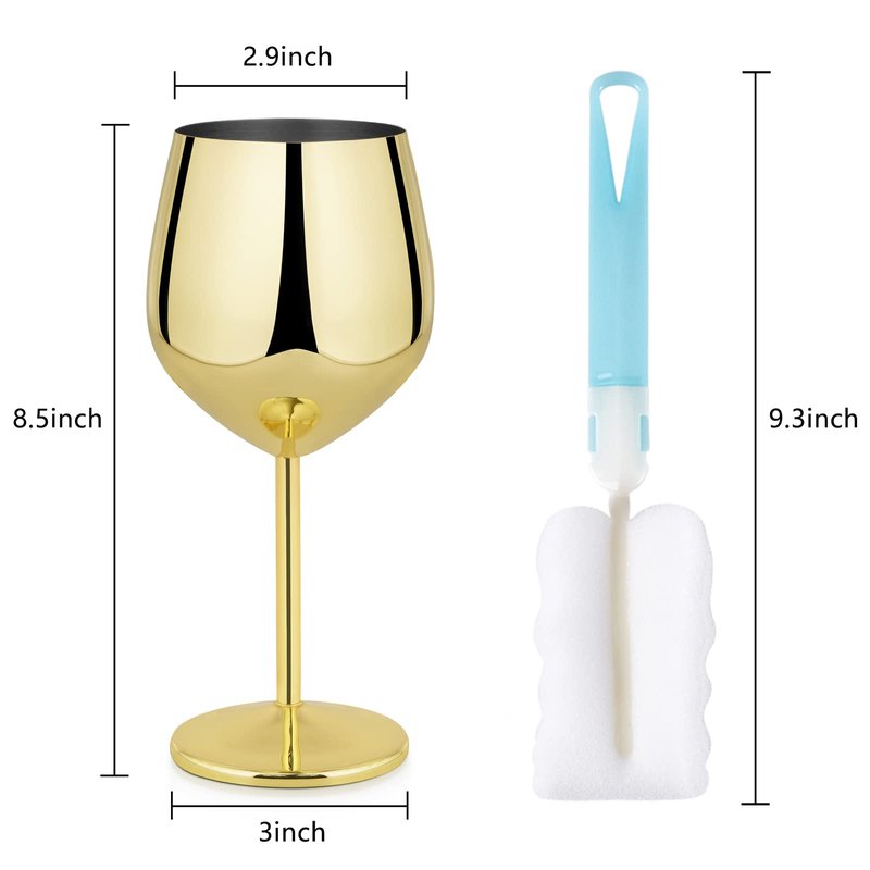 Lifecapido Stainless Steel Wine Glasses Set of 8, 18oz Stainless Steel Wine Goblets, Stemmed Metal Wine Glasses with Cup Brush for Party Office Wedding Anniversary, Great for Red White Wine (Gold)