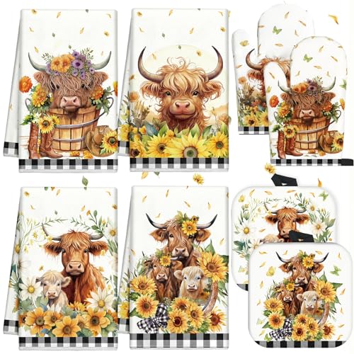 8-Piece Sunflower Highland Cow Kitchen Set: Towels, Oven Mitts & Pot Holders