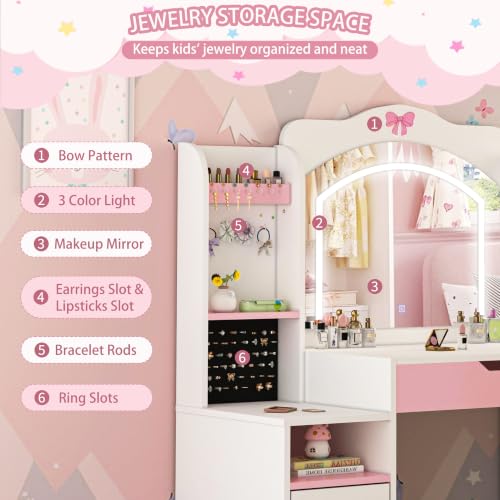 3-in-1 Kids Vanity Desk and Chair Set with LED Mirror and Storage