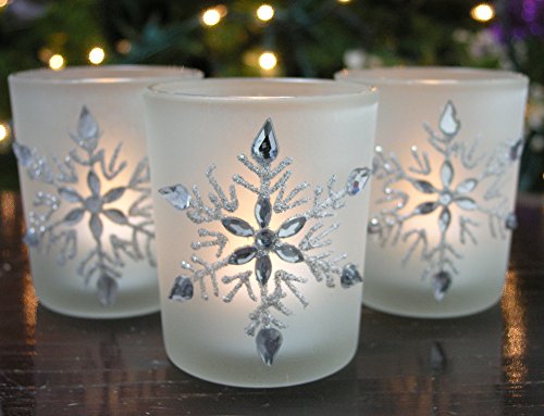 Snowflake Frosted Glass Candle Holders with LED Candles - Set of 3