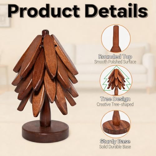 Brown Wooden Tree Trivet Set with Stand - Foldable Hot Dish Protector, Walnut Wood