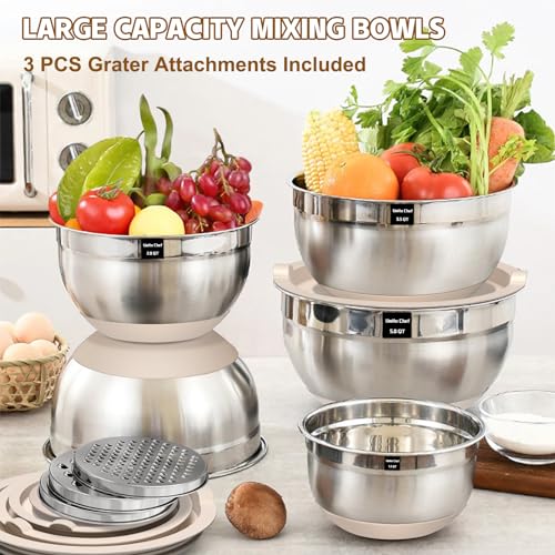 Stainless Steel Mixing Bowls with Airtight Lids & Grater Attachments