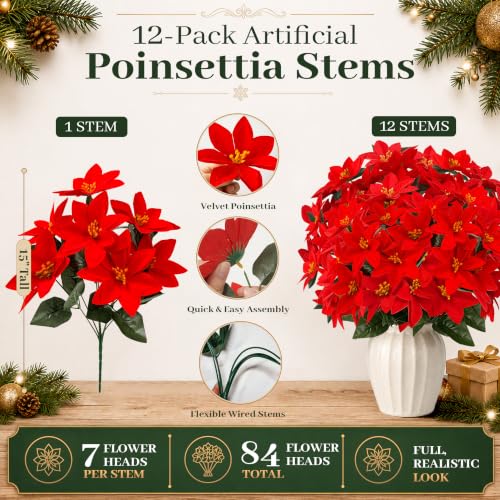 Der Rose 12-Pack Artificial Poinsettias - 15 Inch Red Christmas Flowers