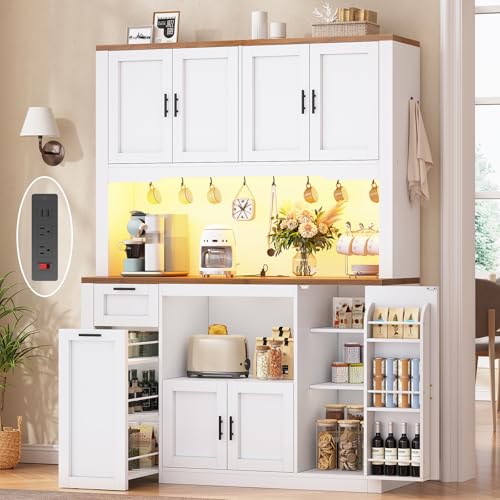 71" Kitchen Pantry Cabinet with Microwave Stand, Charging Station & LED Light