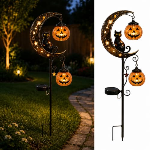 Solar Black Cat & Pumpkin Moon Garden Stake Light - Waterproof Pathway Decor