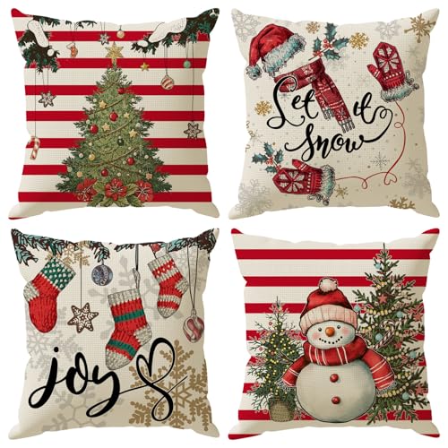 Christmas Pillow Covers Let it Snow Christmas Trees Socks Snowman Throw Pillow Cases Set of 4 Xmas Winter Decorations for Farmhouse Home Sofa Couch Cushion Cover Holiday Decor 18x18 Inch