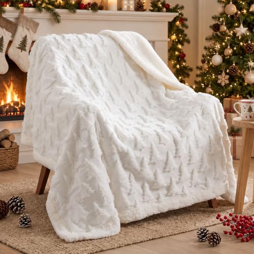 Remagr 3D Christmas Tree Sherpa Throw Blanket 50x60 Inches, Cream White, Xmas Tree Design