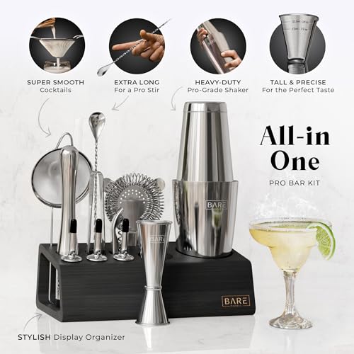 Bare Barrel 28oz Boston Shaker Cocktail Set with Recipe Cards | Silver/Black Bartending Kit