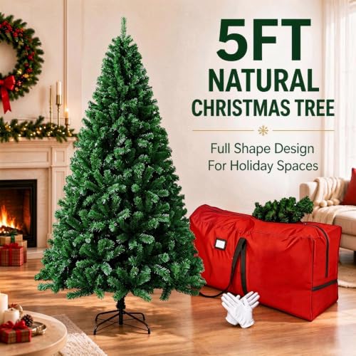 NIISDROP 5 FT Green Artificial Christmas Tree with Hinged Branches, Bag & Gloves - 4ft 11in Variant