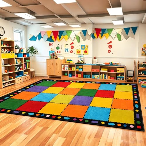 7'6" x 13' Classroom Rug, Non-Slip Preschool Carpet with Rainbow Squares