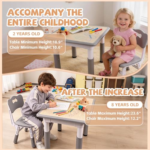 Adjustable Toddler Table and 2 Chairs Set - Wipeable Kids Activity Desk, Grey