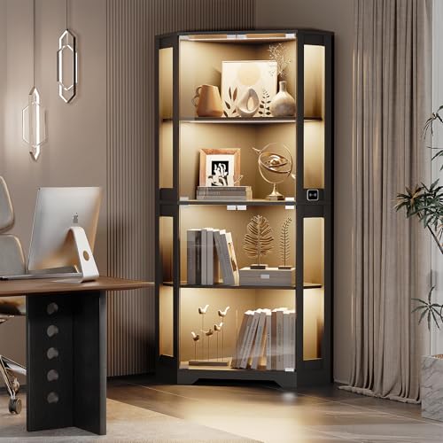 65-Inch Corner Curio Cabinet with LED Lights and Motion Sensor, 4-Tier