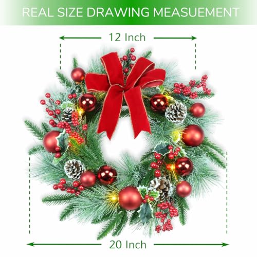 20-Inch Pre-Lit Christmas Wreath with LED Fairy Lights & Red Ornaments