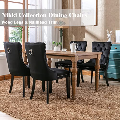 Set of 4 Upholstered Velvet Dining Chairs with Nailhead Trim and Wood Legs
