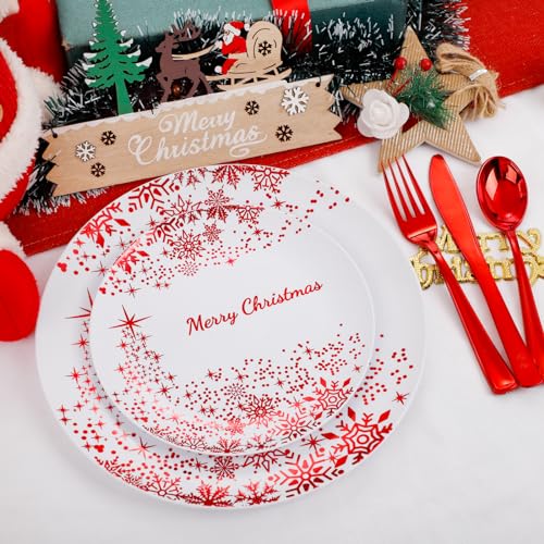 LIYH Red and White Christmas Dinnerware Set 150 Pcs Disposable Plates Cutlery Cups
