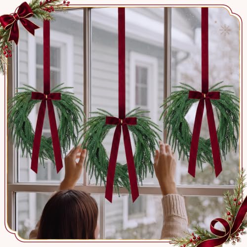 Dingion 8 Pack Mini Christmas Wreaths for Cabinets with Red Berries & Velvet Bow