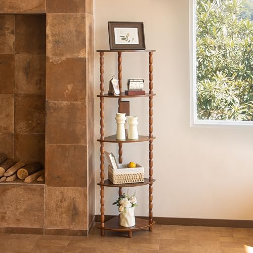 5-Tier Corner Bookshelf, Rustic Brown Wood Storage Display Shelf