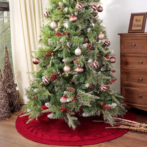48-Inch Cable Knit Christmas Tree Skirt - Wine Red Rustic Farmhouse Decor