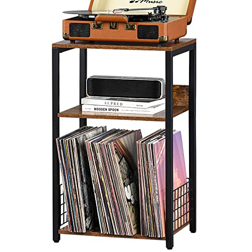 3-Tier Record Player Stand with Vinyl Album Storage, Rustic End Table