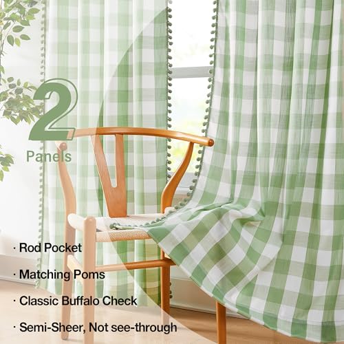 Buffalo Check Semi-Sheer Curtains with Pom Pom Trim - 84 Inch Green & White Drapes (2 Panels)