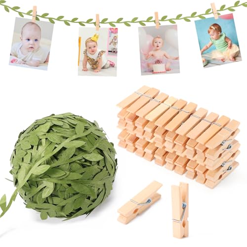 50 Mini Wooden Clothespins and 33ft Leaf Vine Ribbon for Photo Display
