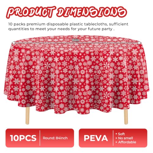 Red Snowflake Disposable Round Plastic Tablecloth 84 Inch - Pack of 10 for Christmas Parties