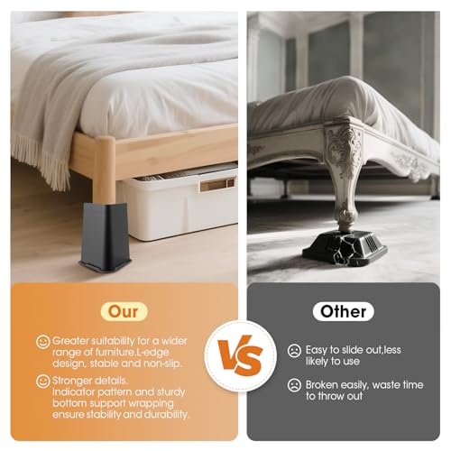 Heavy Duty 8-Inch Bed Risers - Oversized Furniture Lifts (4 Pack, Black)