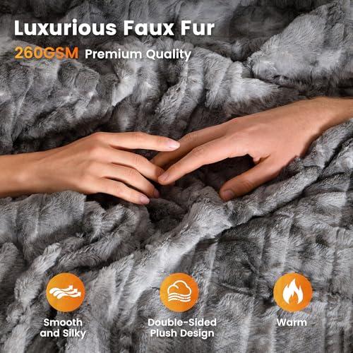 WOOMER Marble Gray Faux Fur King Size Heated Blanket 100"x90" with Dual Controllers