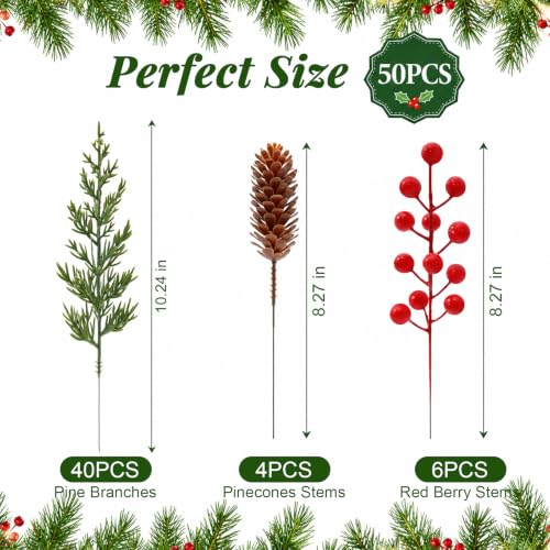 Livole 50 Pcs Christmas Greenery Stems with Red Berries & Pine Cones - Green, DIY Holiday Decor